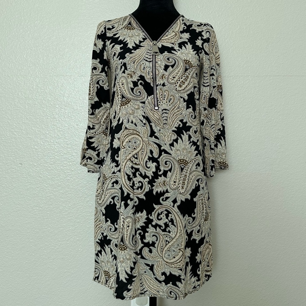 QED London XS Dress Tan Black Like New Elegant Luxury Pattern